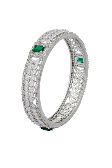 Shop_Nazaakat By Samara Singh_Silver Plated Imitation Diamonds And Green American Bangles _Online_at_Aza_Fashions