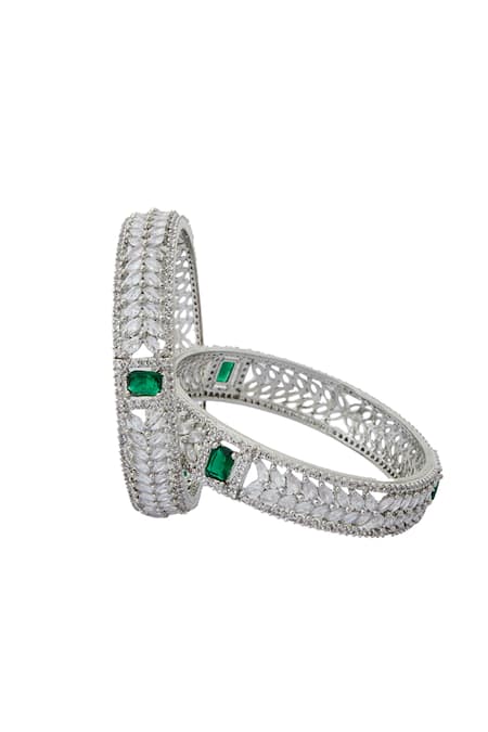 Nazaakat By Samara Singh Silver & Green American Diamond Bangles 