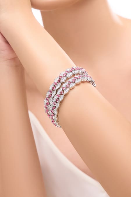 Shop_Nazaakat By Samara Singh_Silver Plated And Pink American Diamond Bangles _Online_at_Aza_Fashions