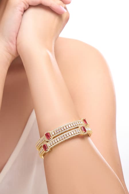 Nazaakat By Samara Singh_Red Gold And Ruby American Diamond Bangles _at_Aza_Fashions