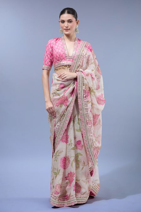 Gopi Vaid Floral Print Organza Saree Set 