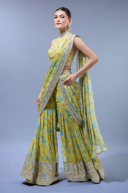 Gopi Vaid_Yellow Georgette, Cotton, Silk Sequins, Embroidery Designer Sharara Saree Set _at_Aza_Fashions