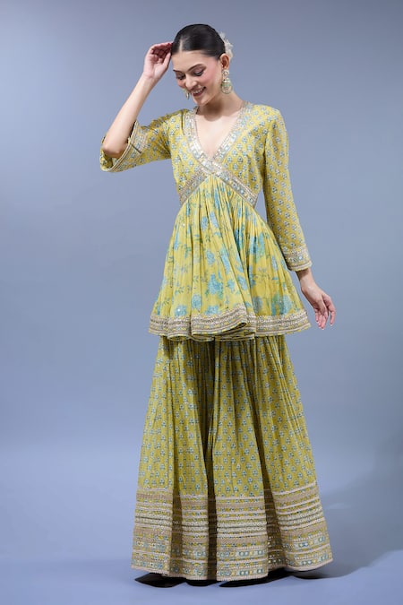 Gopi Vaid Yellow Georgette, Cotton Embroidery V-neck Anarkali Sharara Set at Aza Fashions Gopi Vaid_Yellow Georgette, Cotton Embroidery V-neck Anarkali Sharara Set _at_Aza_Fashions