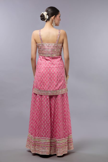 Shop Gopi Vaid Pink Cotton, Silk, Net Zari, Embroidery Open Neck Kurta Sharara Set at Aza Fashions Shop_Gopi Vaid_Pink Cotton, Silk, Net Zari, Embroidery Open Neck Kurta Sharara Set _at_Aza_Fashions