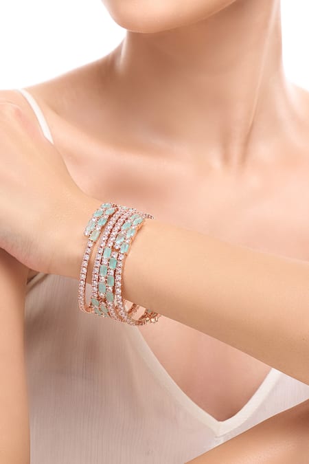 Shop_Nazaakat By Samara Singh_Rose Gold Imitation Diamonds Aqua Bangles Set Of 4 _Online_at_Aza_Fashions