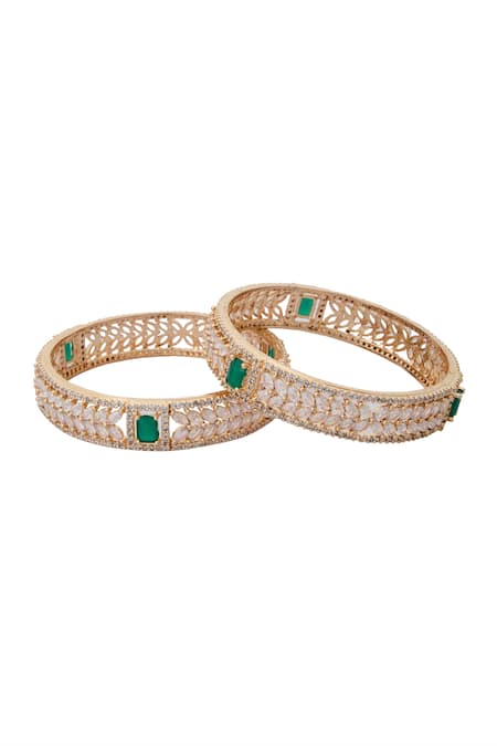 Nazaakat By Samara Singh_Gold Plated Imitation Diamonds And Green American Bangles Set _at_Aza_Fashions