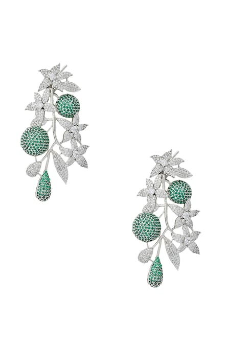 Shop Nazaakat By Samara Singh Green American Diamond Leaf Earrings at Aza Fashions Shop_Nazaakat By Samara Singh_Green American Diamond Leaf Earrings _at_Aza_Fashions