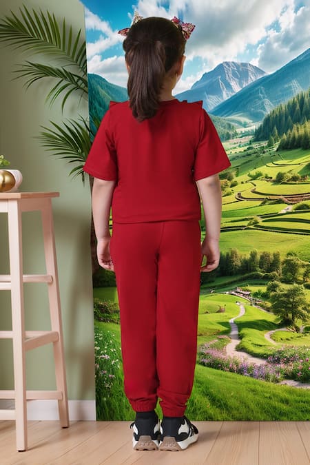 Shop Petite Pomme Red Cotton Designer Top And Joggers Set at Aza Fashions Shop_Petite Pomme_Red Cotton Designer Top And Joggers Set _at_Aza_Fashions