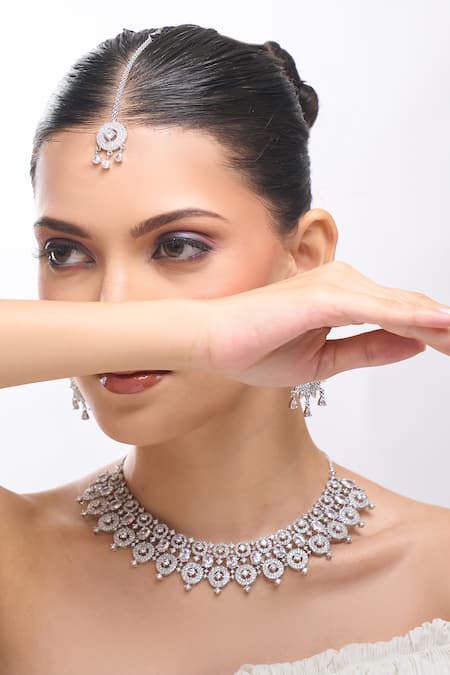 Nazaakat By Samara Singh White Brass American Diamond Jewelry Set 