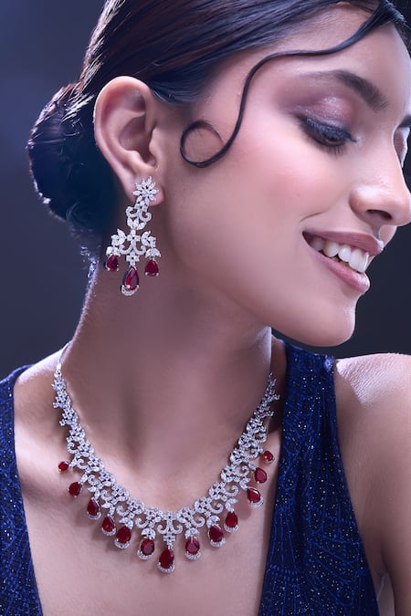 Nazaakat By Samara Singh Red Imitation Diamonds Ruby American Necklace And Earring Set
