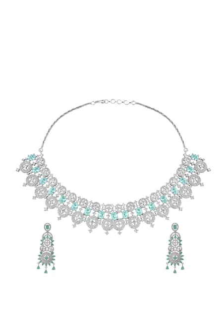 Shop_Nazaakat By Samara Singh_Aqua American Diamond Necklace Set _at_Aza_Fashions