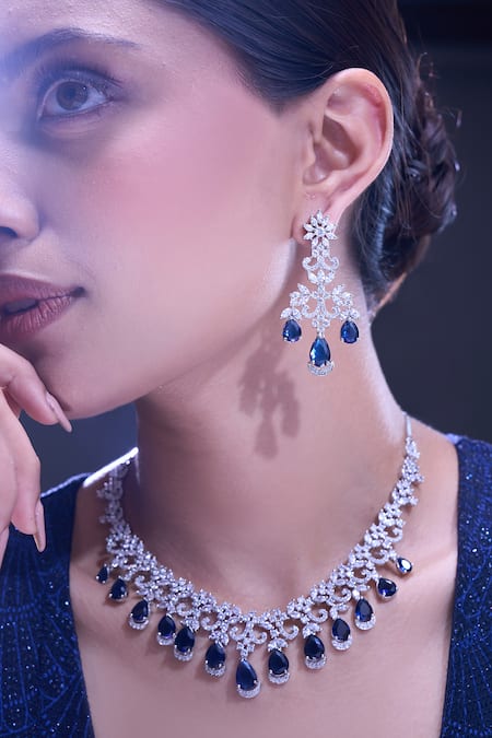 Buy Nazaakat By Samara Singh Blue Imitation Diamonds American Necklace And Earring Set Buy_Nazaakat By Samara Singh_Blue Imitation Diamonds American Necklace And Earring Set
