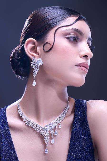 Samyukta Singhania White American Diamond Necklace & Earrings Set 