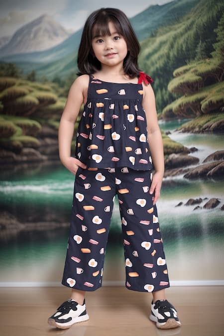 Petite Pomme Navy Food Print Top & Pant Set 