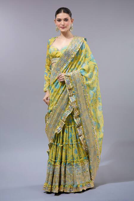 Gopi Vaid_Yellow Georgette, Cotton, Silk, Lycra Sequins, Designer Floral Pre-draped Saree_at_Aza_Fashions