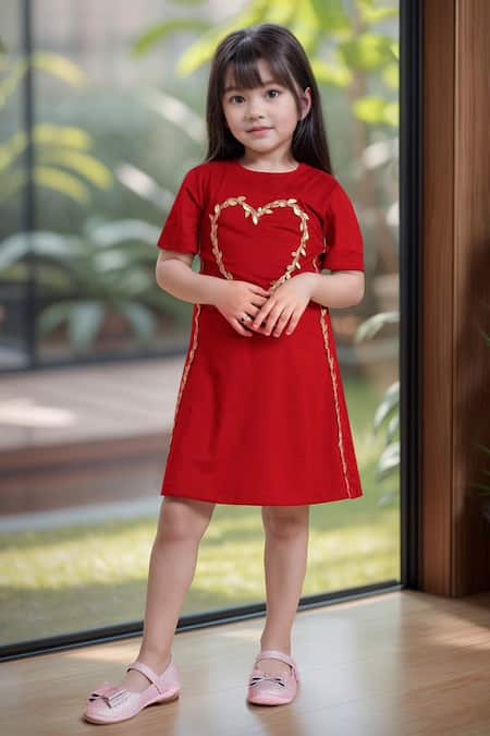 Petite Pomme Red Viscose Embroidery Heart Embellished Dress 