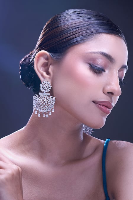 Shop_Nazaakat By Samara Singh_White American Diamond Earrings _Online_at_Aza_Fashions
