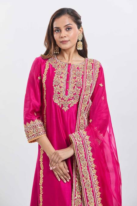 Sheetal Batra Pink Embroidery Round Neck Shiza Hot Kurta Set Online at Aza Fashions Sheetal Batra_Pink Embroidery Round Neck Shiza Hot Kurta Set _Online_at_Aza_Fashions