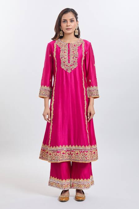 Shop Sheetal Batra Pink Embroidery Round Neck Shiza Hot Kurta Set Online at Aza Fashions Shop_Sheetal Batra_Pink Embroidery Round Neck Shiza Hot Kurta Set _Online_at_Aza_Fashions