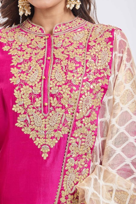 Buy_Sheetal Batra_Pink Embroidery Collared Rajak Hot Kurta Set _Online_at_Aza_Fashions