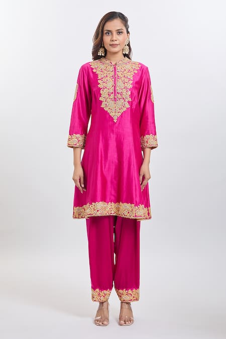 Shop_Sheetal Batra_Pink Embroidery Collared Rajak Hot Kurta Set _Online_at_Aza_Fashions