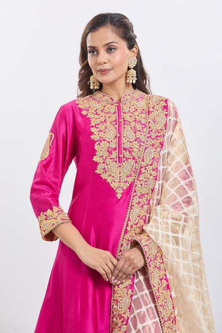 Sheetal Batra_Pink Embroidery Collared Rajak Hot Kurta Set _at_Aza_Fashions