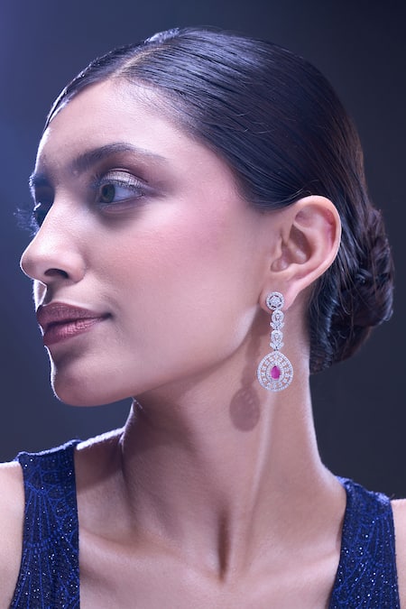 Nazaakat By Samara Singh Red Ruby American Diamond Earrings