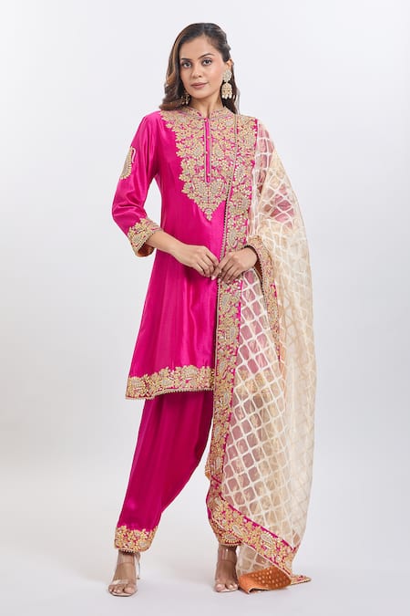 Sheetal Batra_Pink Embroidery Collared Rajak Hot Kurta Set _Online_at_Aza_Fashions