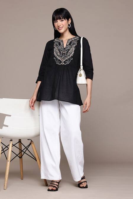 Shop_Ritu Kumar_Black Cotton Embroidery Round Neck Multi Dori Kurti_Online_at_Aza_Fashions
