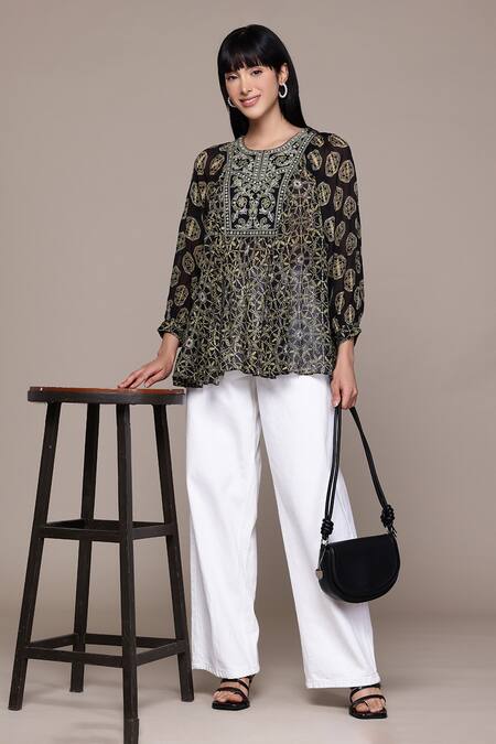 Ritu Kumar Black Viscose Embroidery Round Neck Saatchi Kurta at Aza Fashions Ritu Kumar_Black Viscose Embroidery Round Neck Saatchi Kurta _at_Aza_Fashions