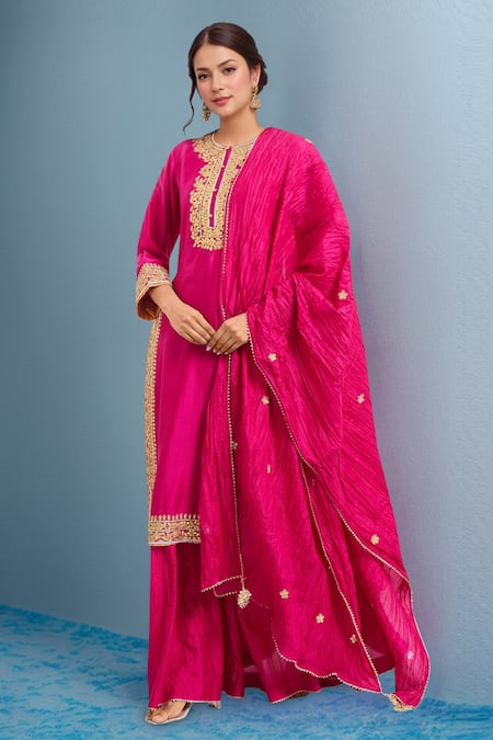 Sheetal Batra Pink Embroidery Round Neck Hot Abbas Set 