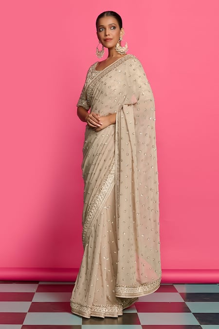 Priyanka Jain_Gold Georgette, Silk Sequins, Pearls, Splendor Dabka Saree With Blouse _Online_at_Aza_Fashions