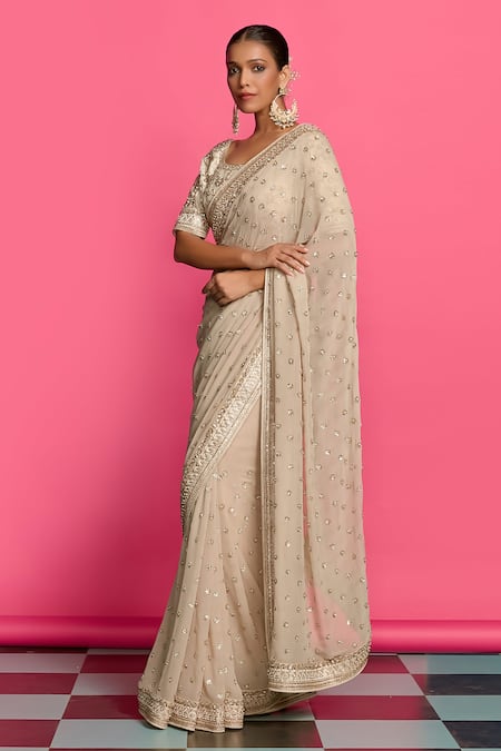 Buy_Priyanka Jain_Gold Georgette, Silk Sequins, Pearls, Splendor Dabka Saree With Blouse _Online_at_Aza_Fashions