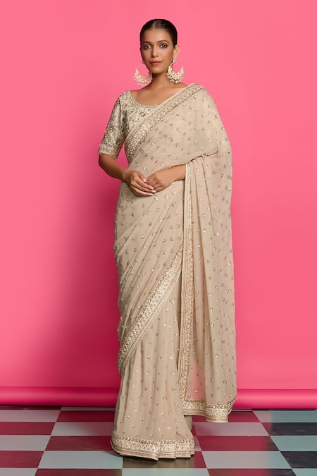 Shop_Priyanka Jain_Gold Georgette, Silk Sequins, Pearls, Splendor Dabka Saree With Blouse _Online_at_Aza_Fashions
