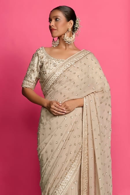 Priyanka Jain_Gold Georgette, Silk Sequins, Pearls, Splendor Dabka Saree With Blouse _at_Aza_Fashions