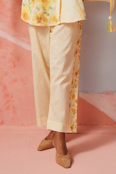 Rainas Yellow Cotton, Linen Pearls Round Neck Sunlight Blossom Set Online at Aza Fashions Rainas_Yellow Cotton, Linen Pearls Round Neck Sunlight Blossom Set _Online_at_Aza_Fashions