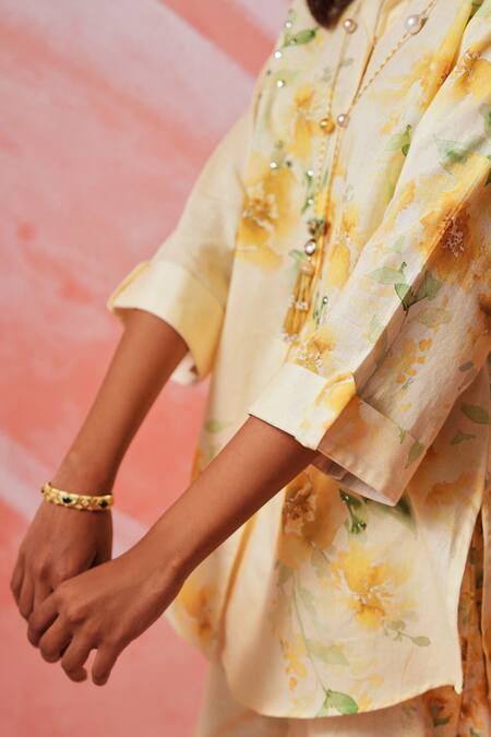Shop Rainas Yellow Cotton, Linen Pearls Round Neck Sunlight Blossom Set Online at Aza Fashions Shop_Rainas_Yellow Cotton, Linen Pearls Round Neck Sunlight Blossom Set _Online_at_Aza_Fashions