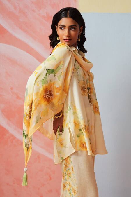 Rainas Yellow Cotton, Linen Pearls Round Neck Sunlight Blossom Set at Aza Fashions Rainas_Yellow Cotton, Linen Pearls Round Neck Sunlight Blossom Set _at_Aza_Fashions
