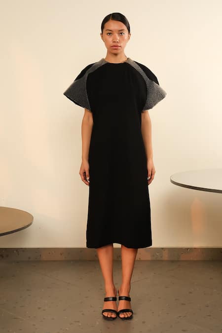 Somya Goyal Black Viscose, Polyester, Spandex Round Neck Fish Gill Overlay Dress 
