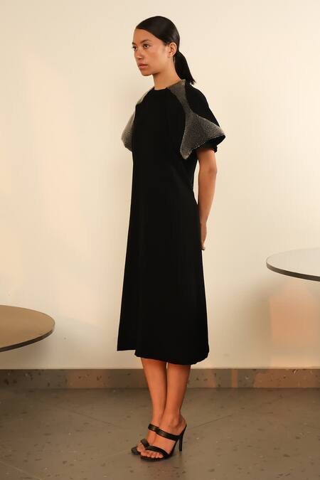 Somya Goyal_Black Viscose, Polyester, Spandex Round Neck Fish Gill Overlay Dress _Online_at_Aza_Fashions