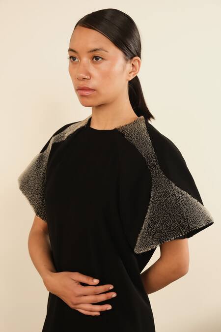 Shop_Somya Goyal_Black Viscose, Polyester, Spandex Round Neck Fish Gill Overlay Dress _Online_at_Aza_Fashions