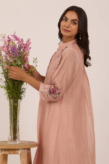 Buy OMI Pink Chanderi Embroidery Split V-neck Mul Designer Dress Online at Aza Fashions Buy_OMI_Pink Chanderi Embroidery Split V-neck Mul Designer Dress _Online_at_Aza_Fashions