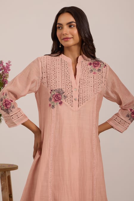 Shop OMI Pink Chanderi Embroidery Split V-neck Mul Designer Dress Online at Aza Fashions Shop_OMI_Pink Chanderi Embroidery Split V-neck Mul Designer Dress _Online_at_Aza_Fashions