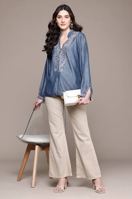 Buy_Ritu Kumar_Blue Tencel, Denim Embroidery V-neck A-line Top 