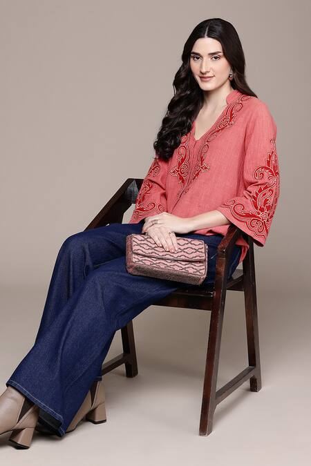 Shop Ritu Kumar Pink Cotton Embroidery V-neck Inlay Short Kurta Online at Aza Fashions Shop_Ritu Kumar_Pink Cotton Embroidery V-neck Inlay Short Kurta _Online_at_Aza_Fashions