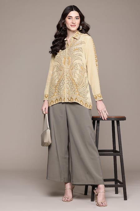 Buy Ritu Kumar Beige Viscose Embroidery Shawl Neck Arith Digital Print Shirt Buy_Ritu Kumar_Beige Viscose Embroidery Shawl Neck Arith Digital Print Shirt