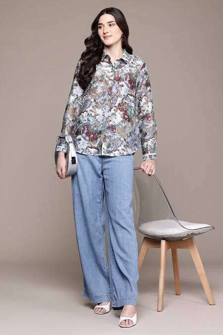 Ritu Kumar Blue Cotton, Silk Shawl Neck, Collared Calabria Printed Shirt at Aza Fashions Ritu Kumar_Blue Cotton, Silk Shawl Neck, Collared Calabria Printed Shirt _at_Aza_Fashions