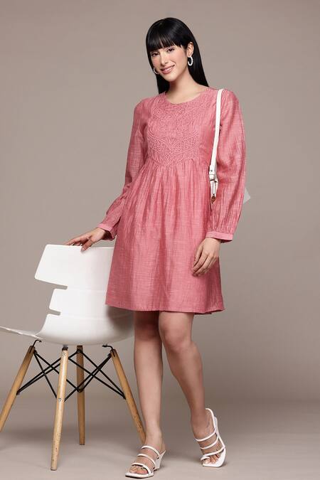 Ritu Kumar Pink Viscose, Cotton Embroidery Round Neck Essential-label Short Dress at Aza Fashions Ritu Kumar_Pink Viscose, Cotton Embroidery Round Neck Essential-label Short Dress _at_Aza_Fashions