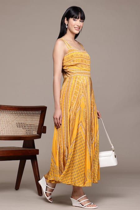 Buy Ritu Kumar Yellow Viscose Square Collar Keya Long Dress Buy_Ritu Kumar_Yellow Viscose Square Collar Keya Long Dress