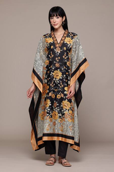 Shop Ritu Kumar Black Cotton, Silk V-neck Mono Floral Kaftan With Pant Co-ord Set Online at Aza Fashions Shop_Ritu Kumar_Black Cotton, Silk V-neck Mono Floral Kaftan With Pant Co-ord Set _Online_at_Aza_Fashions